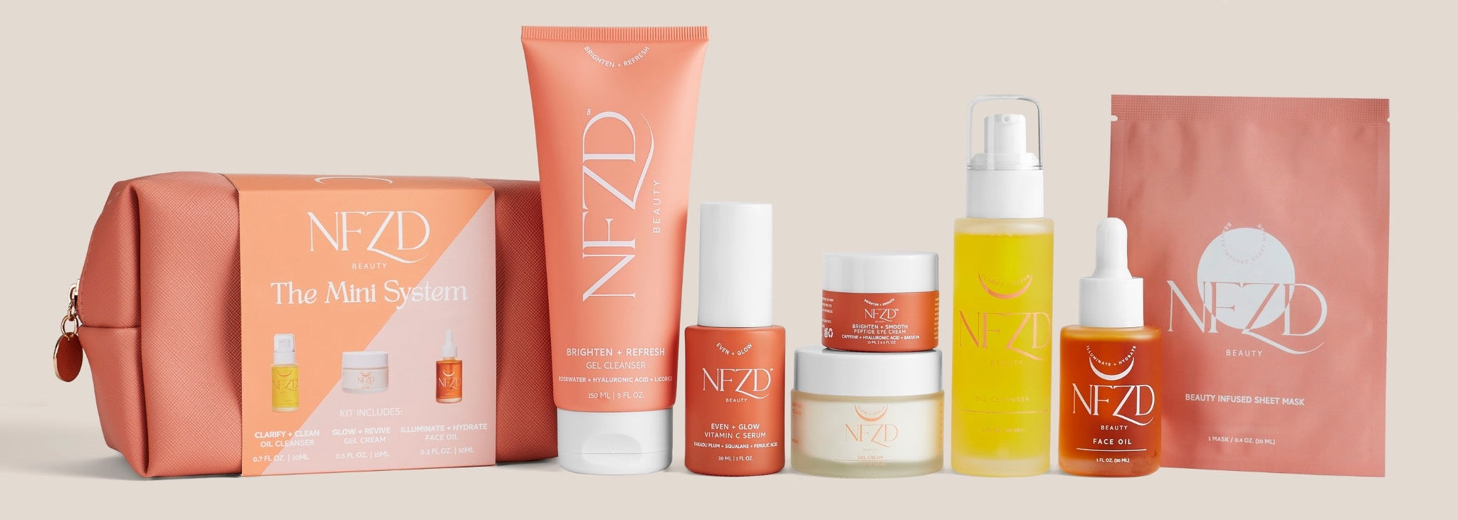 NFZD Beauty skincare collection with cleansers, serum, creams, face oil, sheet mask and beauty bag